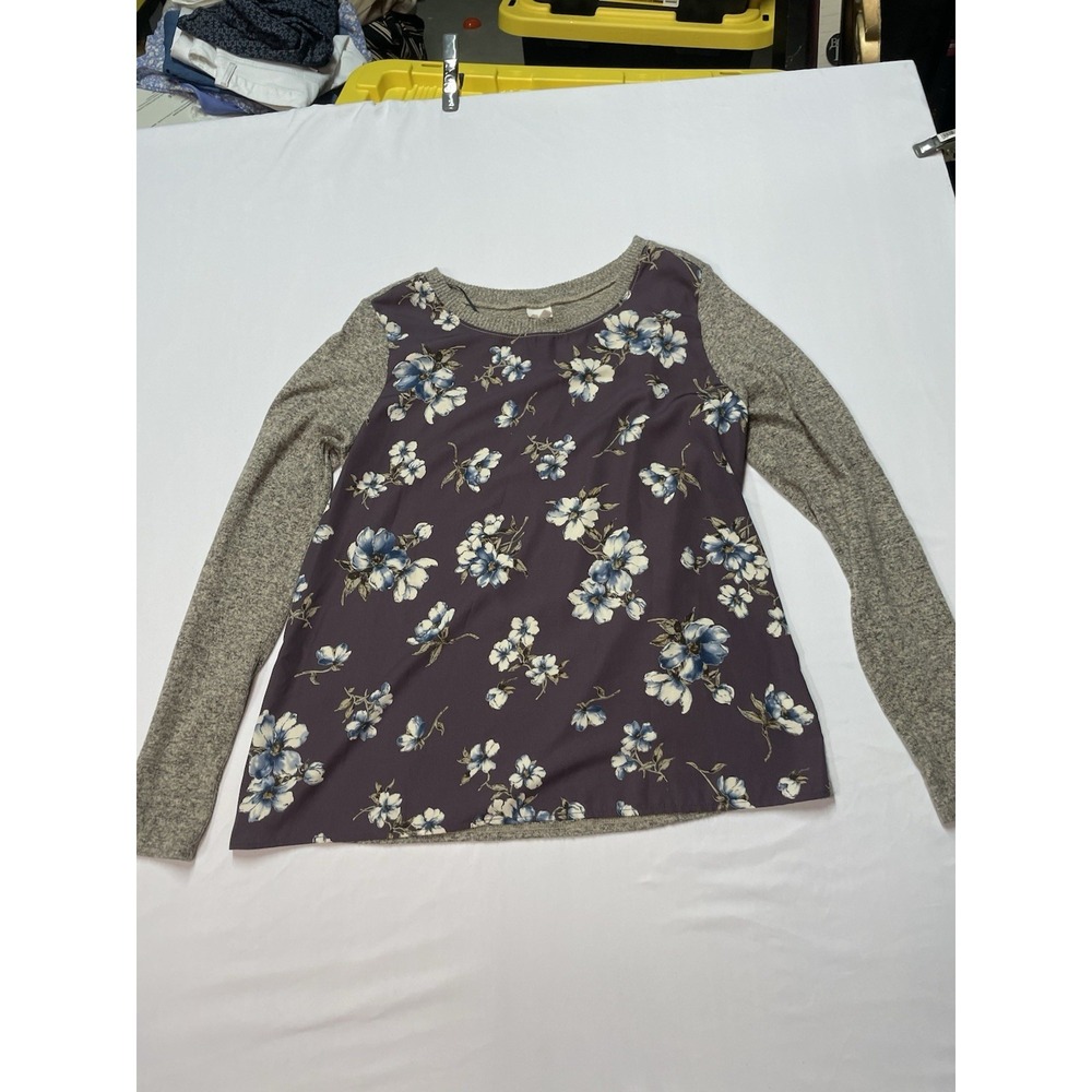 KAILEIGH Women's Size L Purple & Gray Floral Mixed Fabric Blouse Sweater